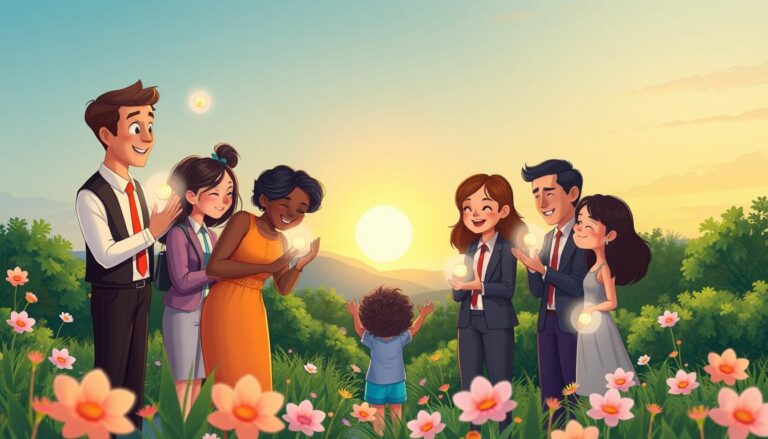 A warm, illustrative scene of people gently reconnecting with playful, glowing forms that represent the inner child.